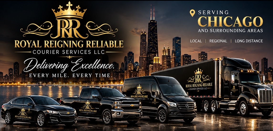 Original Royal Reigning Reliable gold crown branding, nighttime Chicago skyline and four black courier vehicles